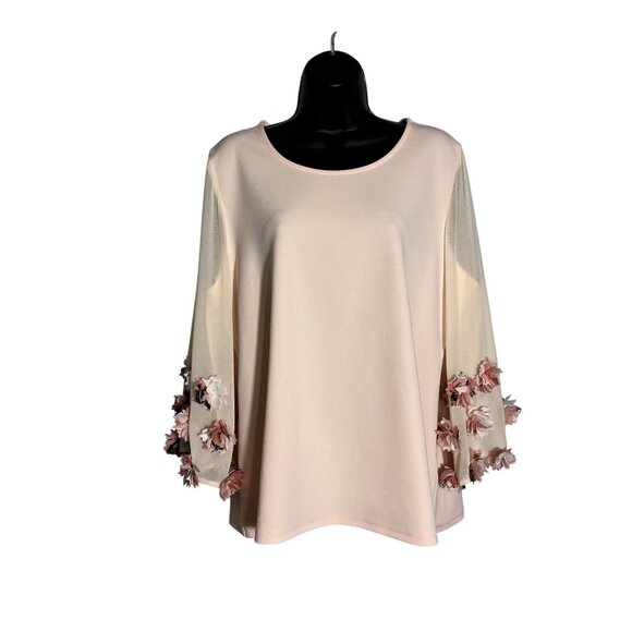 Alfani Large Light Pink 3/4 Sleeve Top With Floral Appliqué Mesh Sleeves - Picture 2 of 12